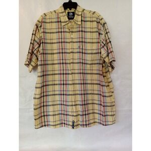 Koni Jeans Co Yellow Plaid Linen Cotton Short Sleeve Casual Button Up Shirt